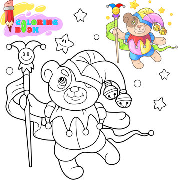 cartoon cute teddy bear dancing, funny illustration, coloring book