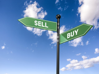arrow road signs of words sell and buy on the blue sky. 3D illustration
