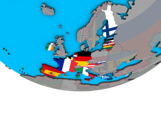 Eurozone member states with embedded national flags on simple political 3D globe.