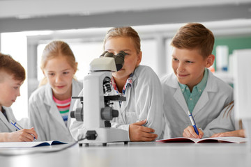 education, science and children concept - kids or students with microscope studying biology at school laboratory