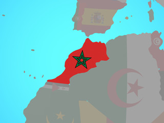 Morocco with national flag on blue political globe.