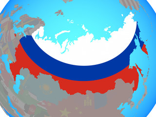 Russia with national flag on blue political globe.