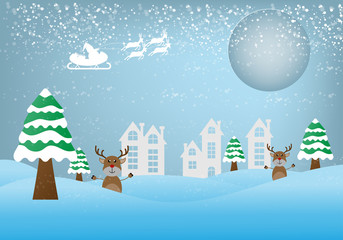 Christmas greeting card,Holiday background with Santa Claus on the sky with winter tree.