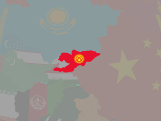 Kyrgyzstan with national flag on blue political globe.