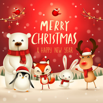 Merry Christmas and Happy New Year! Christmas Cute Animals Character. Happy Christmas Companions. Polar Bear, Fox, Penguin, Bunny and Red Cardinal Bird under the moonlight. Winter landscape.