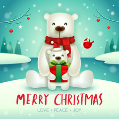 Polar Bear and baby cub in Christmas snow scene.