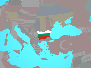 Obraz premium Bulgaria with national flag on blue political globe.