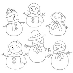 Snowman coloring page for kids. Funny snowman in different scarf and hat cartoon vector.