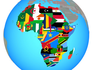 Africa with national flags on blue political globe.