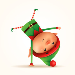 Little elf standing on his arm. Upside down. Isolated. - obrazy, fototapety, plakaty