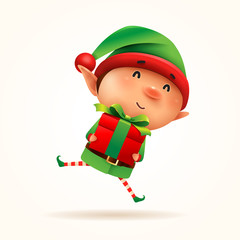 Little elf with gift present. Isolated. - obrazy, fototapety, plakaty