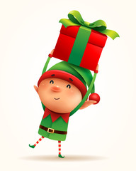 Little elf with gift present. Isolated. - obrazy, fototapety, plakaty
