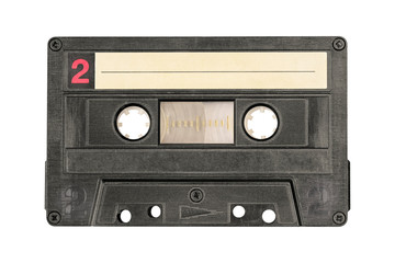 Retro black audio cassette tape isolated on white background. Side two.