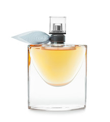 Transparent bottle of perfume on white background