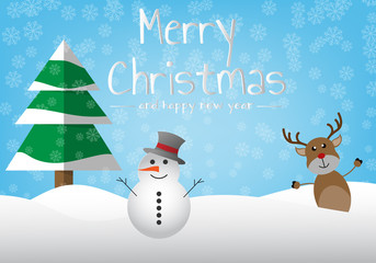 Christmas greeting card,Holiday background with snow man and reindeer with winter tree