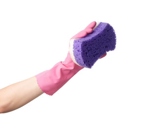 Woman holding sponge for cleaning on white background