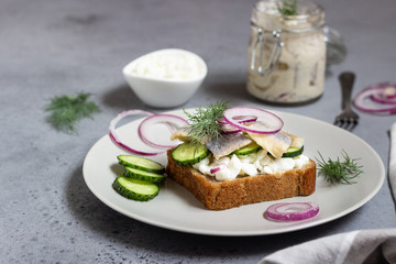Herring, red onions, cucumbers  and a slice of rye bread on a light grey plate.