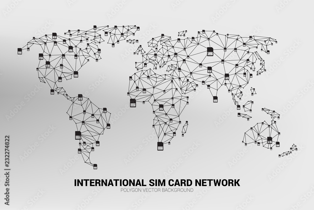 Aufkleber Vector Polygon sim card network connect line to world map shape. Concept for international sim card service  and network.