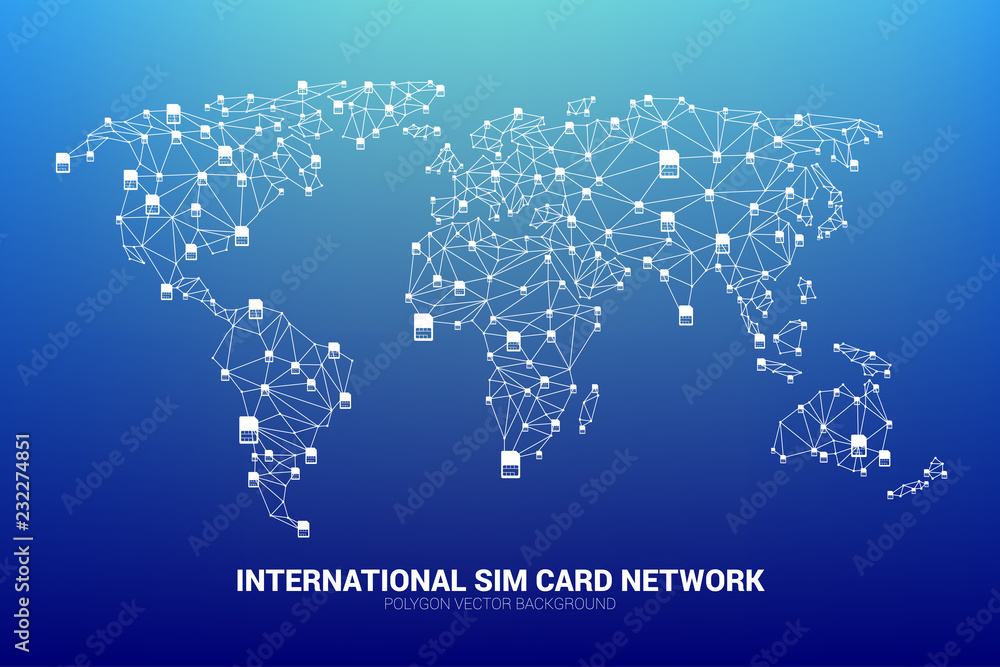 Poster Vector Polygon sim card network connect line to world map shape. Concept for international sim card service  and network.