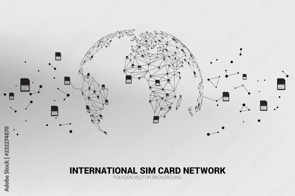 Poster Vector Polygon sim card network connect line to world map shape. Concept for international sim card service  and network.