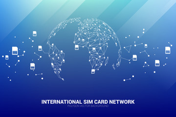 Vector Polygon sim card network connect line to world map shape. Concept for international sim card service  and network. - obrazy, fototapety, plakaty