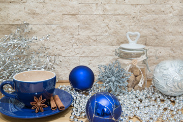 A cup of hot chocolate, blue and silver colors, Christmas mock up.