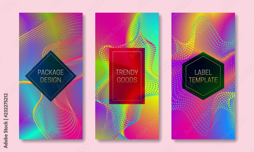 Poster vibrant packaging design with multicolor dispersion. set of colorful labels templates. futuristic ba