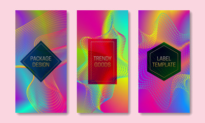 Vibrant packaging design with multicolor dispersion. Set of colorful labels templates. Futuristic backgrounds with frames for text.