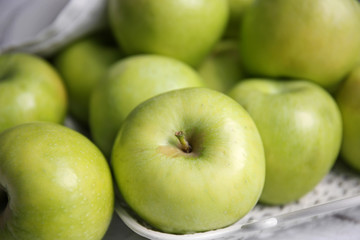 Ripe tasty apples on table, closeup
