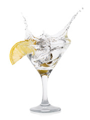 Splash martini with olives in cocktail fougere on thin stalk