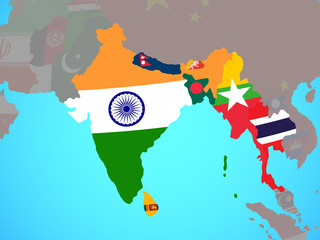 BIMSTEC memeber states with national flags on blue political globe.