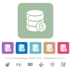 Database lock flat icons on color rounded square backgrounds