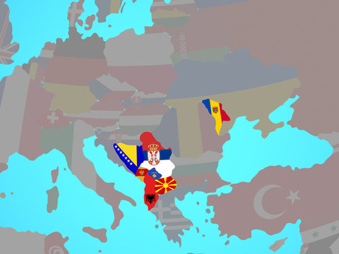CEFTA countries with national flags on blue political globe.