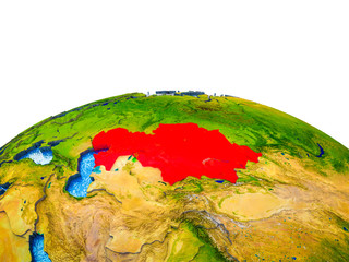 Kazakhstan on 3D Earth with visible countries and blue oceans with waves.