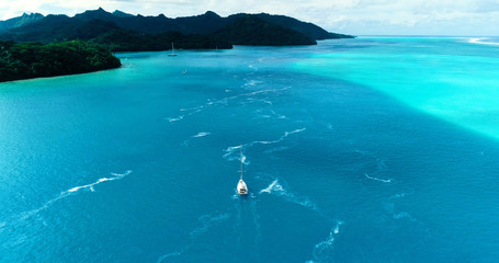 boat in aerial view, french polynesia