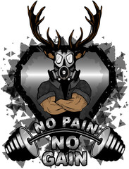 Vector illustration barbell and strong deer. No pain - no gain inspirational lettering.