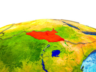 South Sudan on 3D Earth with visible countries and blue oceans with waves.