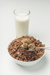 Bowl with granola owith glass of milk.