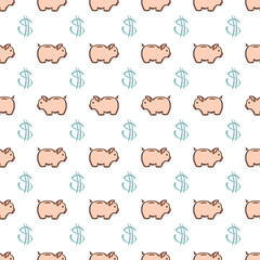Cute piggy bank and dollar sign seamless pattern isolated on white background, vector
