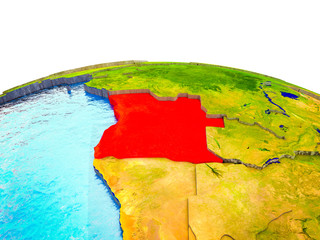 Angola on 3D Earth with visible countries and blue oceans with waves.
