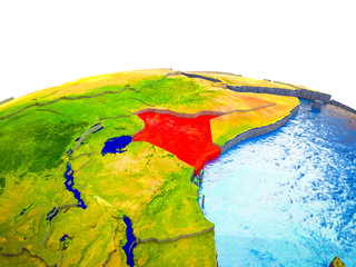 Kenya on 3D Earth with visible countries and blue oceans with waves.