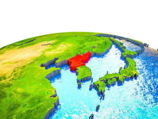 North Korea on 3D Earth with visible countries and blue oceans with waves.