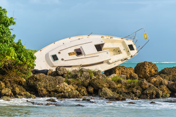 Sailboat is beached and damaged by Hurricane - the Gosier in Guadeloupe