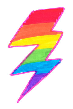 Rainbow colored bolt of lightning painted in highlighter felt tip pen on clean white background