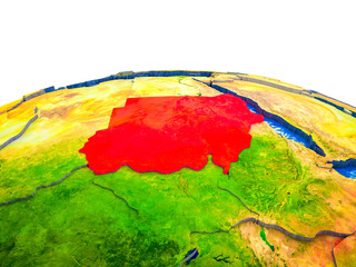 Sudan on 3D Earth with visible countries and blue oceans with waves.