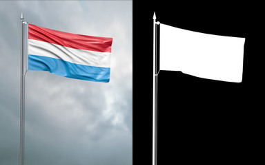 3d illustration of the state flag of the Republic of Lithuania moving in the wind at the flagpole in front of a cloudy sky with its alpha channel