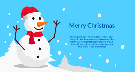 Christmas greeting card banner template with illustration of snowman at snow landscape