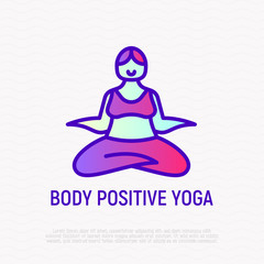 Body positive yoga thin line icon: happy plus size woman in lotus pose. Modern vector illustration.