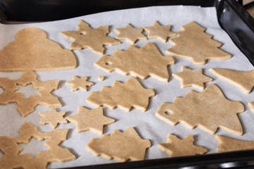 Making Christmas gingerbread at home, shapes from dough are cutted with cutters, such as trees and stars and are transferred to baking sheets and ready for baking