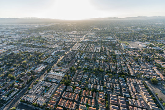 Aerial view towards Nordoff St, North Hills and Panorama City in the San Fernando Valley region of Los Angeles, California.